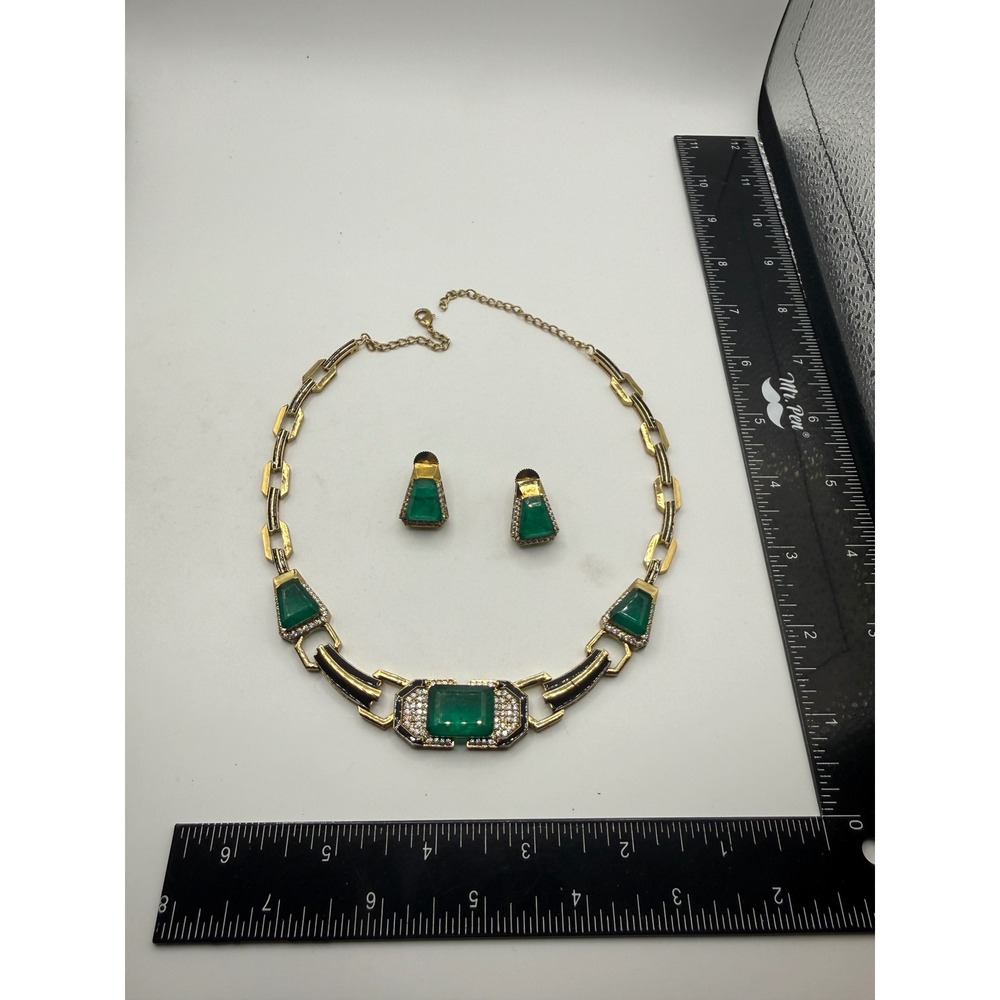 Art‎ Deco Style Emerald Green Glass Gold Tone Enamel Necklace and Earring Set